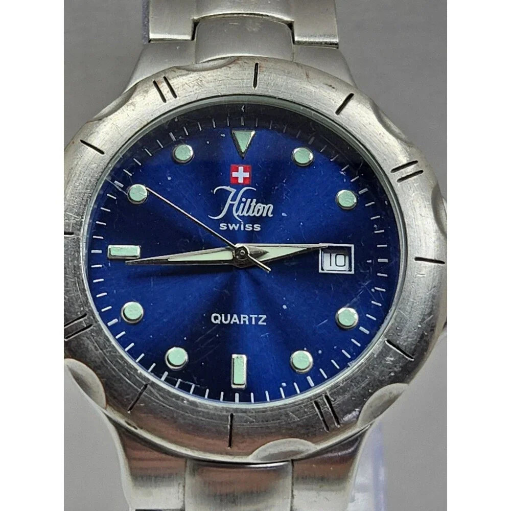 Hilton Swiss Mens Blue Dial Quartz Silver Bracelet Date Sports Watch New Battery